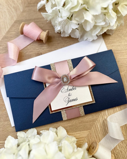 DL Day Wedding Invitation in Navy, Rose Gold and champagne gold glitter